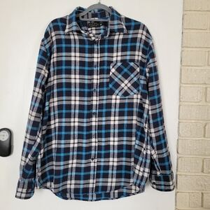 Activa Blue, black, and white long sleeve flannel shirt with front pocket